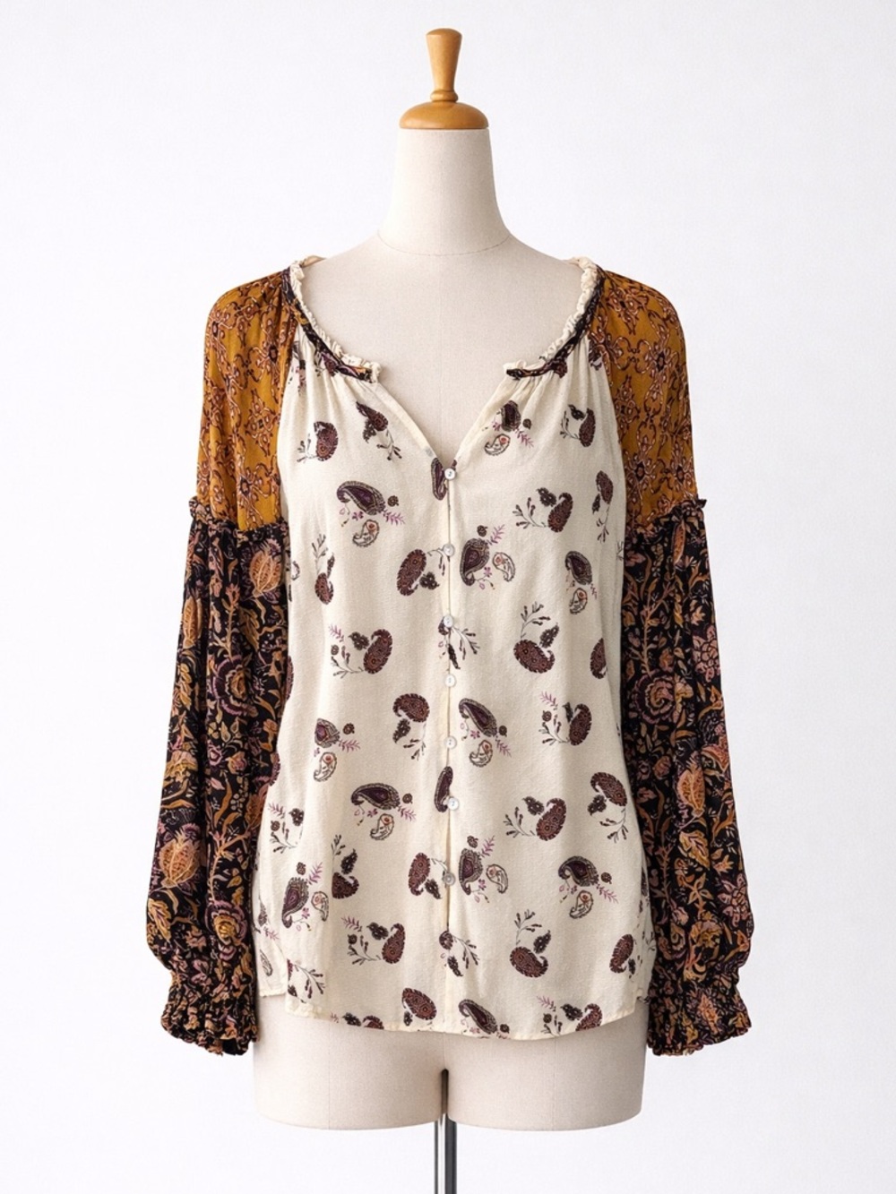 Jane and Delancey Cream Blouse with Mustard and Navy Floral Sleeves
